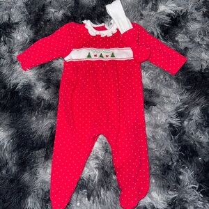Little Me Red Polka Dot Footie with Festive Trim